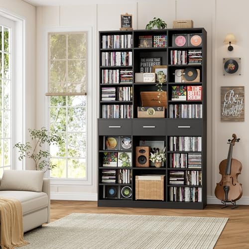 HOSTACK 75" Tall Book Shelf and Bookcase, 47" Wide Bookshelf with Drawers, Modern 9 Tier Bookcase with Storage, Large Wood Display Cabinet with Adjustable Shelves for Living Room, Home Office, Black