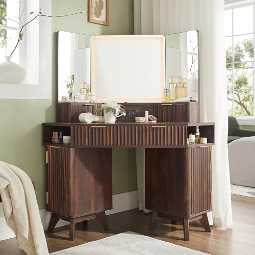 T4TREAM Fluted Makeup Vanity Desk with 3 Way Mirror and Lights, 48" Large Corner Vanity Table with Glass Top, Charging Station, 3 Drawers, Storage Cabinets & Shelves, for Bedroom, Dark Walnut