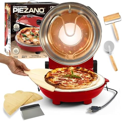 PIEZANO Pizza Oven EXCLUSIVE Bundle with Pizza Cutter + Dough Roller by Granitestone, Electric Indoor Portable, 12 Inch Indoor Pizza Oven Countertop Heats up to 800˚F As Seen on TV Products