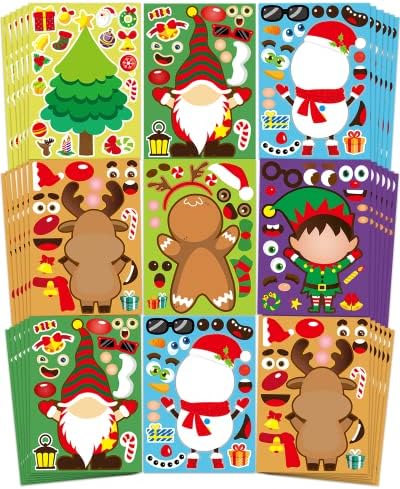 42 Sheets Christmas Party Favors Stickers, Christmas Crafts Make Your Own Sticker, Gifts for Classroom Student Stocking Stuffers Goodie Bag Activities Game Holiday Sticker for Kids