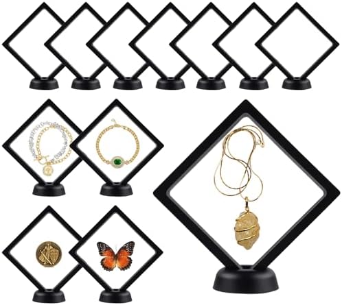 12Pcs 3D Floating Display Case 4.3in Black, Clear Film Jewelry Storage Box Plastic Frame Stand for Challenge Coin Fossils Rocks Shark Tooth Butterfly