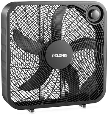 PELONIS 20 Inch Box Fan – 3 Speeds, 25ft/s, Floor Fans, Superior Air Throw (2295 CFM), Lightweight, 5 Blades, Portable & Durable for Bedroom, Office, Living Room, Garage