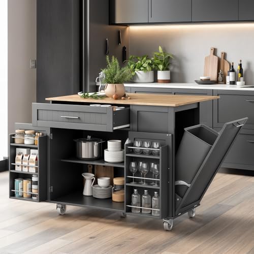 43.3" Rolling Kitchen Island Cart with Drop Leaf & Storage - Mobile Kitchen Organizer with Wheels, Rubberwood Top, Trash Bin Cabinet & Towel Rack, Farmhouse Style for Small Spaces Grey