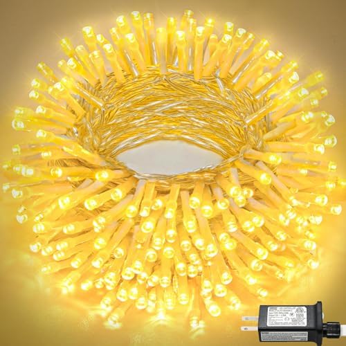 100FT 300 LED String Lights Outdoor, Connectable Christmas Lights Indoor Waterproof with 8 Modes, Plug in Clear Wire Christmas Tree Light for Bedroom Patio Wedding Party Decor, Warm White
