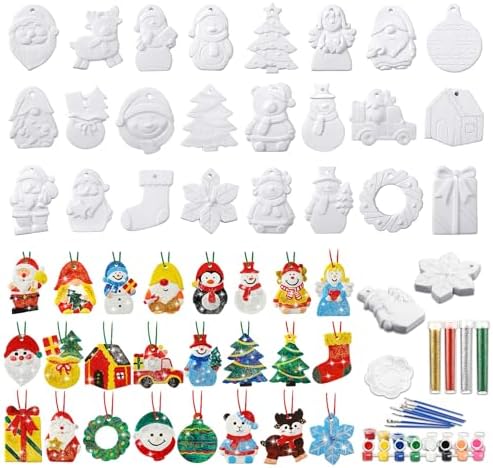 Syhood 24 Pcs Christmas Ceramics to Paint for Adults Christmas Crafts Paint Your Own Ceramic Painting Kit Christmas DIY Unpainted Santa Snowmen Figurine Ornaments for Adults Gifts