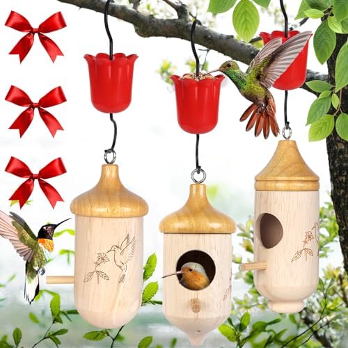 Hummingbird House,Wooden Hummingbird Houses for Outside for Nesting, Hummingbird Houses with Red Feeder Ribbons Gardening Gifts Home Decoration,3 Pack