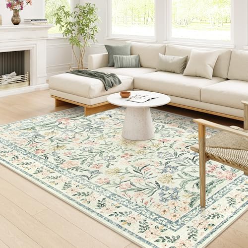 Wonnitar Boho Washable Rug 8x10, Large Area Rug for Living Room, Soft Floral Carpet for Bedroom Non Slip, 8 x 10 Indoor Beige Carpets for Nursery Dining Room Apartment Office Decor