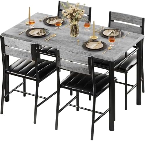 IRONCK Dining Table Set for 4, Wood Kitchen Table with Upholstered Chairs for Kitchen Room and Small Spaces, Grey