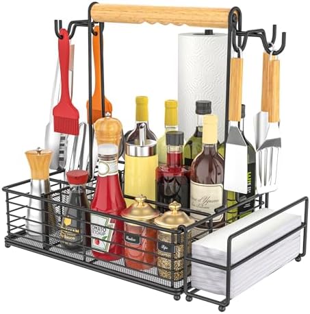 Large Grill Caddy with Paper Towel Holder, Side Hooks, Utensil Holder, Wooden Handle Storage BBQ Tools for Picnic RV Patio Camping Tailgate Essential Kitchen Barbecue grilling accessories