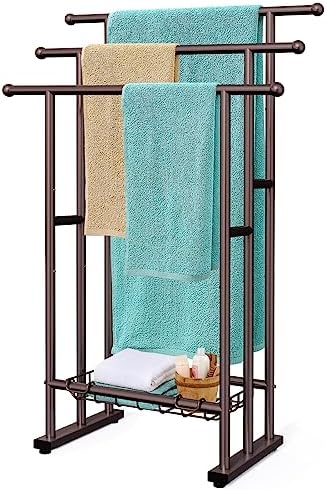 Kayfia 40" Tall Standing Towel Racks for Bathroom, 3 Tier Towel Rack Stand with Storage Basket, Blanket Ladder Drying and Display Rack for Oversized Bath Towel, Next to Tub Or Shower (Bronze)