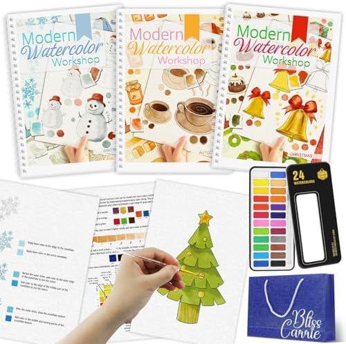 3Pcs Watercolor Workbook Paint Book Beginner Friendly Painting Kit, 36 Pages Workbooks with 24 Paint Colors & Brush for Beginners, Stress-Relieving Gift for Women Adults (Winter&Autumn&Christmas)