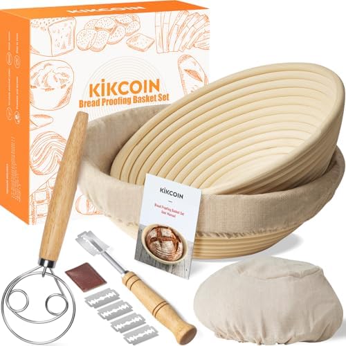 Bread Proofing Basket, Kikcoin Banneton Bread Proofing Basket Set of 2, 9 Inch & 10 Inch Round Sourdough Proofing Basket with Linen Liner, Bread Lame, Dough Whisk