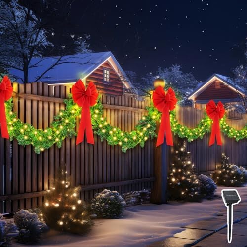 2 Pcs 9ft Total 18ft Christmas Fence Decorations with Solar Light Christmas Outdoor Garland with 4 Pcs Large Red Bows Cable Ties for Holiday Patio Outdoor Fence Eaves