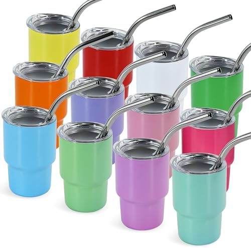 3 oz Mini Tumbler Shot Glass with Straw and Lid 12 Pcs Sublimation Shot Glasses Tumblers Stainless Steel Mini Shot Glasses with Lids for Wedding Party Whiskey Cocktail Bar, 12 Colored