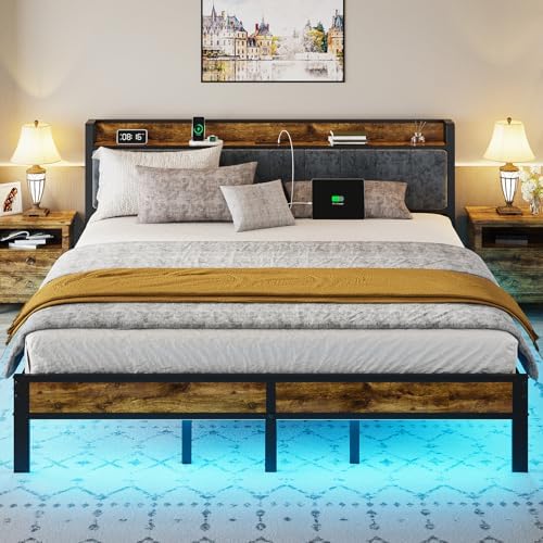 King Size Bed Frame with Smart LED Lights, Storage Headboard with USB Charging Station, Metal Platform Bed Noise Free, Easy Assembly, No Box Spring Needed