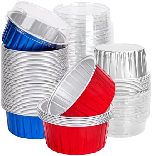 60Pcs Patriotic Cupcake Baking Cups with Lids July 4th Aluminum Foil Cupcake Liners Independence Day Muffin Wrappers Cup cake Holders Dessert Containers Mini Pudding Cups for Party Supplies
