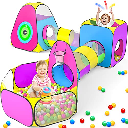 Retros Market Kids Play Tent for Toddler with 1 Baby Ball Pits, 2 Baby Crawl Tunnels, 2 Pop Up Tents, Indoor Outdoor Playhouse Toys for Boys/Girls, Gift Target Game with 4 Dart Balls 5pcs