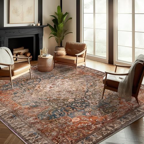 10'x14' Washable Area Rug Boho Chic Medallion Distressed Design Non-Shedding Easy Care Ideal for High Traffic Areas in Rug for Living Room Bedroom Office Coffee Table Large Carpet