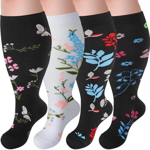 4 Pairs Plus Size Compression Socks,Extra Wide Calf 20-30 mmHg Knee High Compression Socks for Men Women Circulation