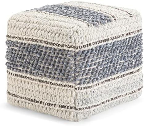 SIMPLIHOME Grady Boho Square Pouf in Blue, Natural Handloom Woven for the Living Room, Bedroom and Kids Room