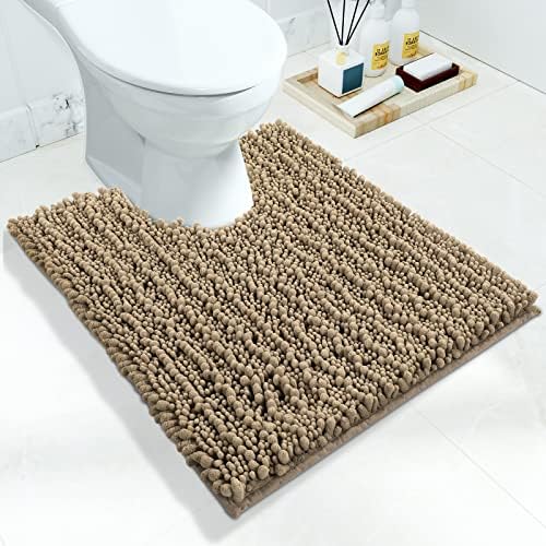 Yimobra Toilet Rugs U Shaped 24x20, Soft Comfortable Absorbent Chenille Toilet Mat for Bathroom Floor, Non-Slip Contour Bathroom Rugs for Toilet, Dry Quickly Machine Washable, Pale Khaki