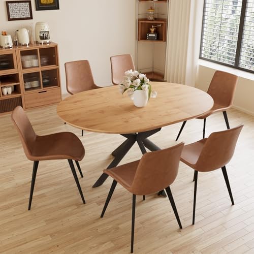 43.2"-59.1" Extendable Round Dining Table Set, Mid Century Wooden Round Kitchen Table, Oak Coffee Table for 4-6 Person,PU Leather Chair