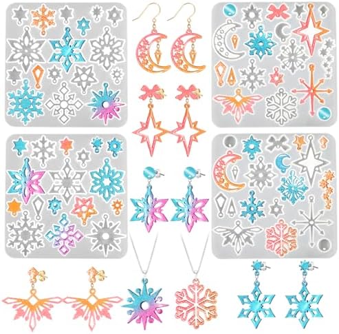 4 Pack Snowflake Resin Earring Molds with Holes, Christmas Resin Molds Various Shapes Snowflakes Moon Star Silicone Mold for Stud Dangle Drop Earring Pendant Keychain Handmade Jewelry Gift