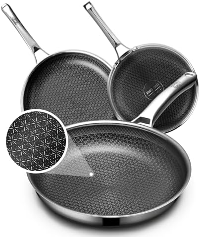 Non Stick Frying Pans Set, Hybrid Pans Set Nonstick (8+10+12inch),Skillets for cooking, PFOA Free Stainless Steel Kitchen set, Dishwasher and Oven-Safe Cookware Sets