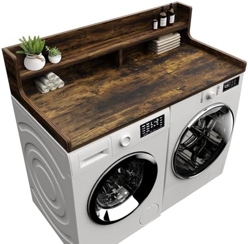 Washer Dryer Countertop, 54" x 27.55" 2-Tier Washer Dryer Topper with Edge, for Laundry Room Organization Rustic Brown