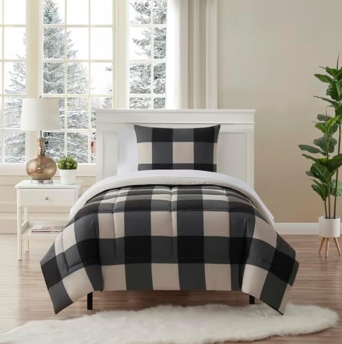 5 Piece Comforter Set Bed in a Bag Buffalo Check Christmas Print All Season Soft Down Alternative Bedding Comforter Set & Luxurious White Microfiber Bed Sheets, Twin, Buffalo Plaid Black/Gray