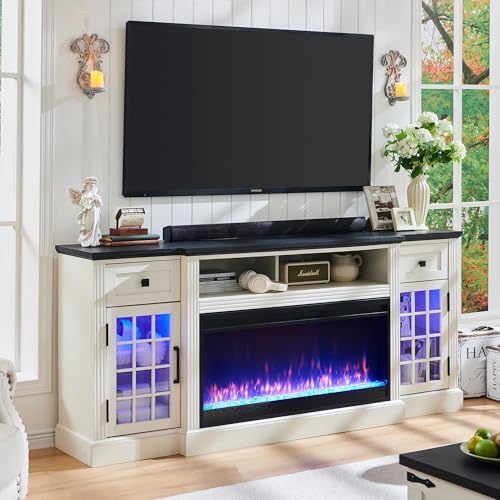 JXQTLINGMU Fireplace TV Stand for 80 Inch TV, Farmhouse Highboy Entertainment Center w/LED Lights & 36" Electric Fireplace, Large Media Console w/Glass Door Cabinet & Storage Drawer, White