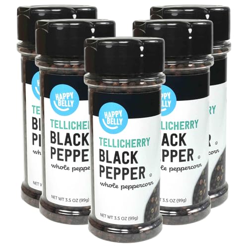 Amazon Brand - Happy Belly Tellicherry Black Pepper Whole Peppercorn, 3.5 ounce (Pack of 5)