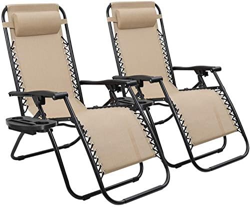 Devoko Patio Zero Gravity Chair Outdoor Folding Adjustable Reclining Chairs Pool Side Using Lawn Lounge Chair with Pillow Set of 2 (Beige)