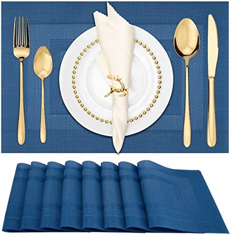 Winknowl Placemats for Dining Table Set of 8 Waterproof, Woven Place Mats for Kitchen Table Vinyl Heat Insulation Stain Resistant Placemats (Navy Blue)