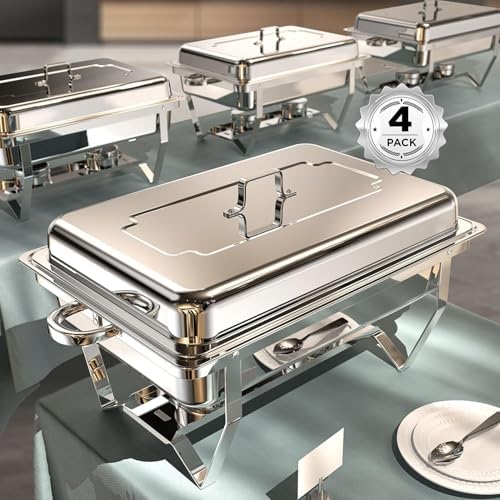 Chafing Dishes for Buffet 4 Pack, 9QT [No Fingers Cut] Roll Edge Designed Chafing Dish Buffet Set [Mirror-Like Polished Finish] Food Warmers for Parties, Birthday, Holiday Parties, Church Events, etc