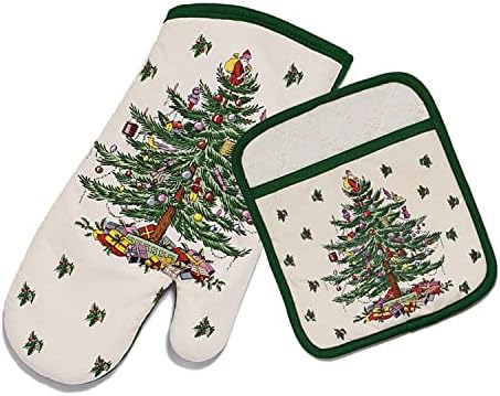 Spode - 2pc Kitchen Set, Matching Oven Mitt & Pot Holder, Holiday Home Decor (Spode Christmas Tree Collection)