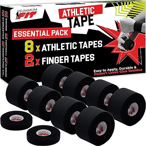 Black Athletic Tape Extremely Strong: 8 Rolls + 2 Finger Roll. Easy to Apply & No Residue. Sports Tape Athletic for Boxing Football Climbing or Gymnastics for Wrist Ankle & Hand Protection
