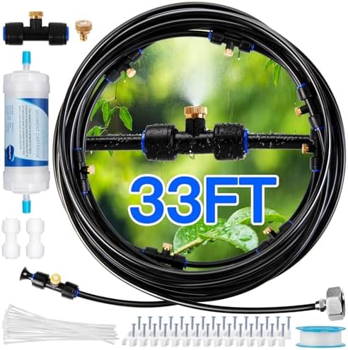 Misters for Outside Patio with Water Filter - 33Ft(10M) Misting system Line 9 Brass Mist Nozzles Brass Adapter(3/4") Patio Misters for Cooling Outdoor Greenhouse Backyard Porch Garden BBQ Party Pool