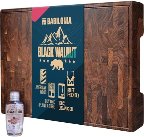XXL American Black Walnut End Grain Cutting Board - 24 x 15 x 1.7 Inch - Premium Quality & Professional Butcher Block. Heavy Duty Wood Chopping Board for Kitchen (Oil bottle & Plate included)