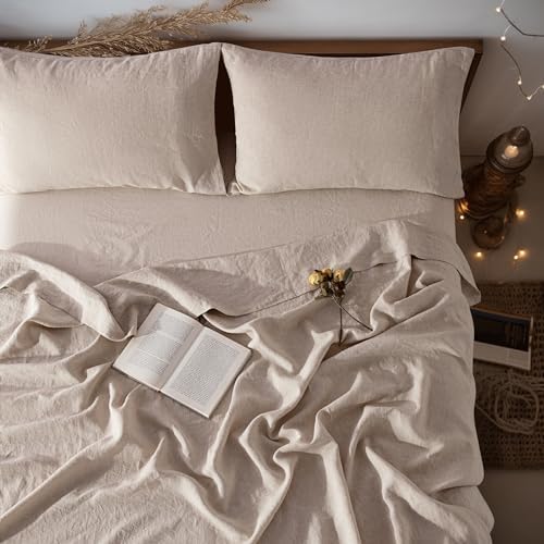 LBRO2M 100% Linen Sheet Set 19" Deep Pocket Queen Size,Bed Sheets 4 Piece Sets,Solid Color Natural Flax Bed Sheets Soft Breathable Bedding, All Season (Queen, Linen)