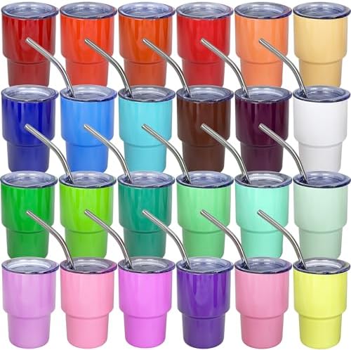 3oz Mini Tumbler Shot Glass with Straw and Lid, 24 Pack Stainless Steel Sublimation Shot Glasses for Wedding Party Whiskey Cocktail Bar with Straw and Lid