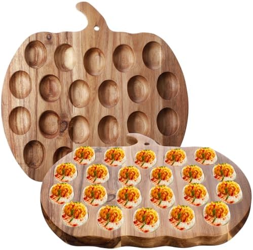 2 Pcs Wooden Deviled Egg Platter 22 Holes Deviled Egg Tray Container Holder Carrier for Countertop Holiday Thanksgiving Christmas(Pumpkin Shape)