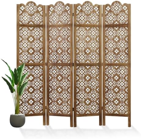68.9Inch Folding Room Divider, 4 Panels Wood Carved Privacy Screens - Ideal Decorative Partition for Home, Office, Restaurant, Bedroom (Dark Brown)