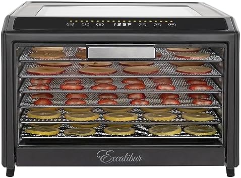 Excalibur Electric Food Dehydrator Performance Series 6-Tray with Adjustable Temperature Control Includes Stainless Steel Drying Trays Glass Door Top View Window and LED Display Progress Bar, Black