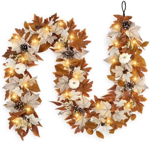 6 FT Fall Garland with Lights Automatic ON/Off Fall Leaves Mantle Garland with Pumpkins Berries Pinecones Outdoor Thanksgiving Christmas Autumn Centerpiece Decorations for Home Door Fireplace Porch