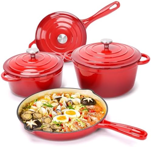 Hisencn Enameled Cast Iron Cookware Set - 7 Piece Dutch Ovens Set, Sauce Pan, Skillet, 3 Lids, Pots and Pans Set, Ceramic Coated Cast Iron, Heavy Duty, Gas/Induction Compatible, PFA Free, Rouge Red