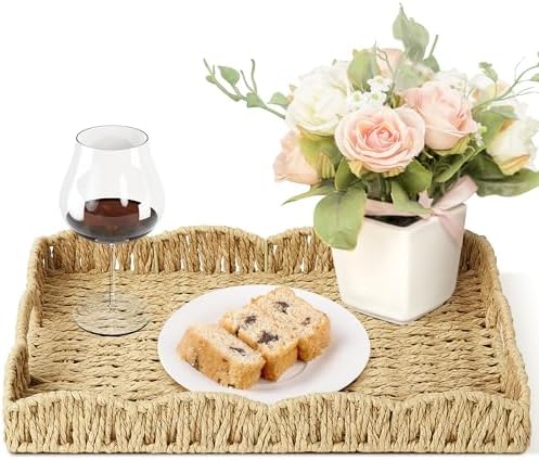 Bellzacasa Scalloped Tray with Handles, Hand Woven Scalloped Paper Rope Decorative Tray, Square Serving Tray for Coffee Table Living Room Ottoman Decor and Organizer Trays (Brown, 15" x 11" x 2.3")