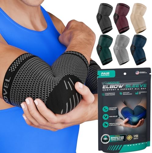 Modvel 2 Pack Elbow Brace - Golfer's Elbow Compression Sleeve Support for Joint Pain Relief, Recovery, Tendonitis Braces, Tennis Elbows Brace For Men & Women, Workout & Weightlifting Arm Wrap, Black