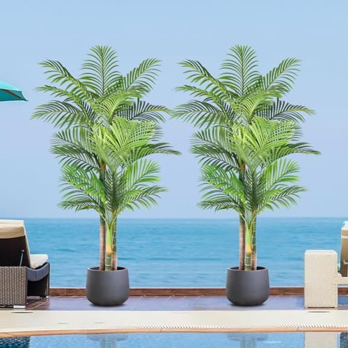 6ft Tall Triple Golden Cane Palm Artificial Tree 72inch Large Tropical Palm Tree UV Resistant Fake Plant in Pot for Indoor Outdoor Big House Living Room Outside Patio Office Home Decor 2Pack