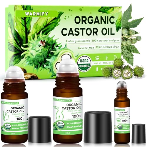3-in-1 Castor Oil Roll on for Eye,Face,Body Skin,Certified Organic Cold Pressed Castor Oil Roller ball unrefined Glass Bottle - Total 3.04 fl.oz